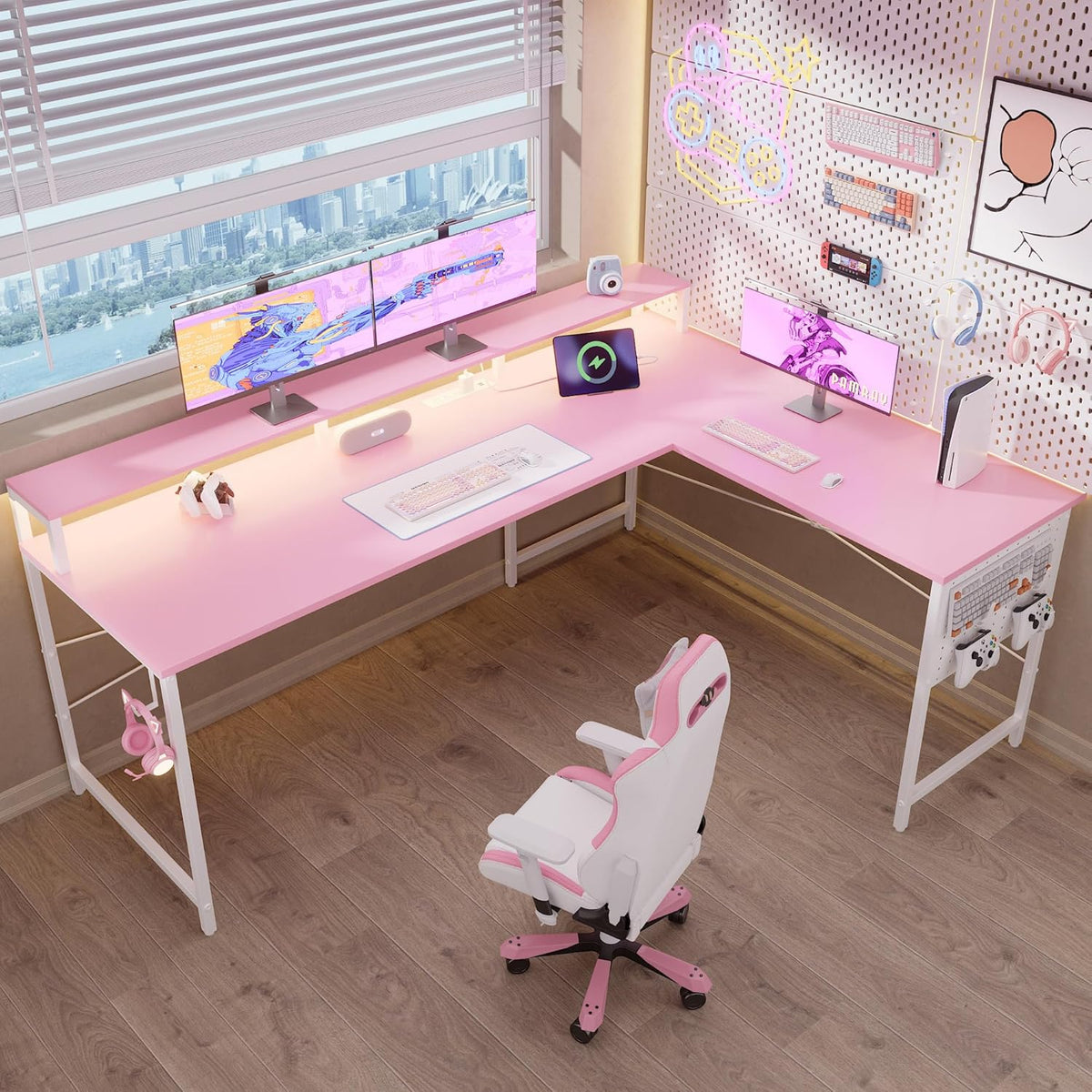 Pamray 64 Inch L Shaped Gaming Desk with Power Outlets and Led Lights, Large Corner Computer Desk with Monitor Stand and Pegboard, PC Table for Home Office and Bedroom Pink
