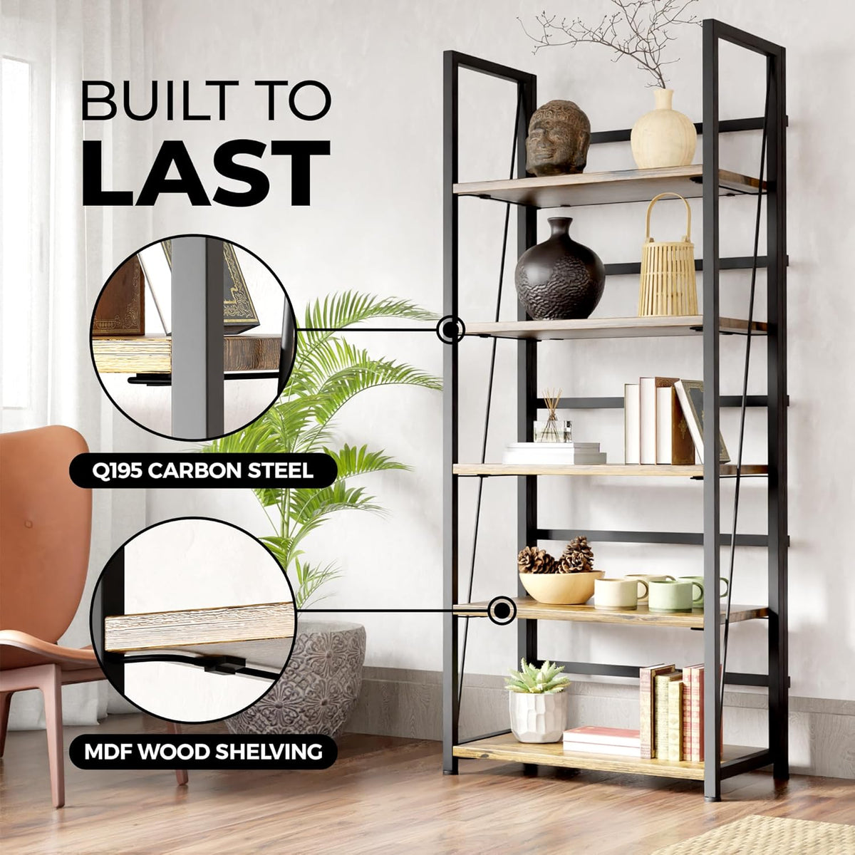 5 Tier Wood Book Shelf Organizer, No Assembly Bookshelf for Bedroom Living Room Office, Rustic Foldable Book Case, Tall Bookshelves, Open Book Shelves, Decorative Folding Shelf Display, Tall Bookcase