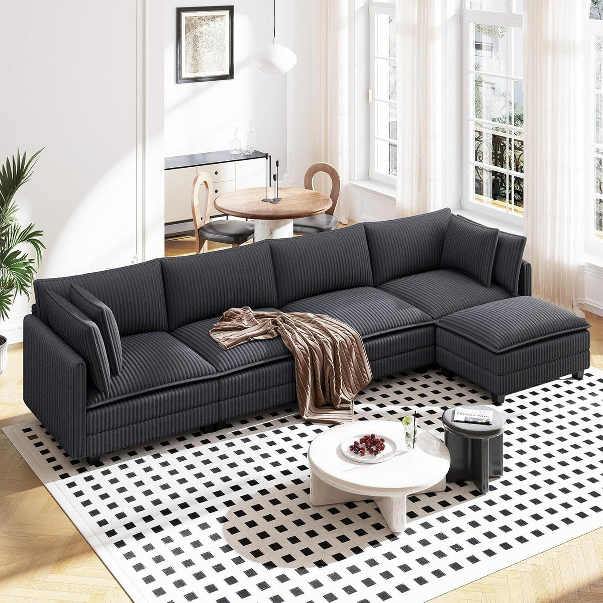 Vesgantti 143" L Shaped Modular Sectional Sofa, Comfy Corduroy Upholstered Modular Sectional Couches for Living Room, Modern Cloud Couch with Ottoman Deep Seat, Dark Grey