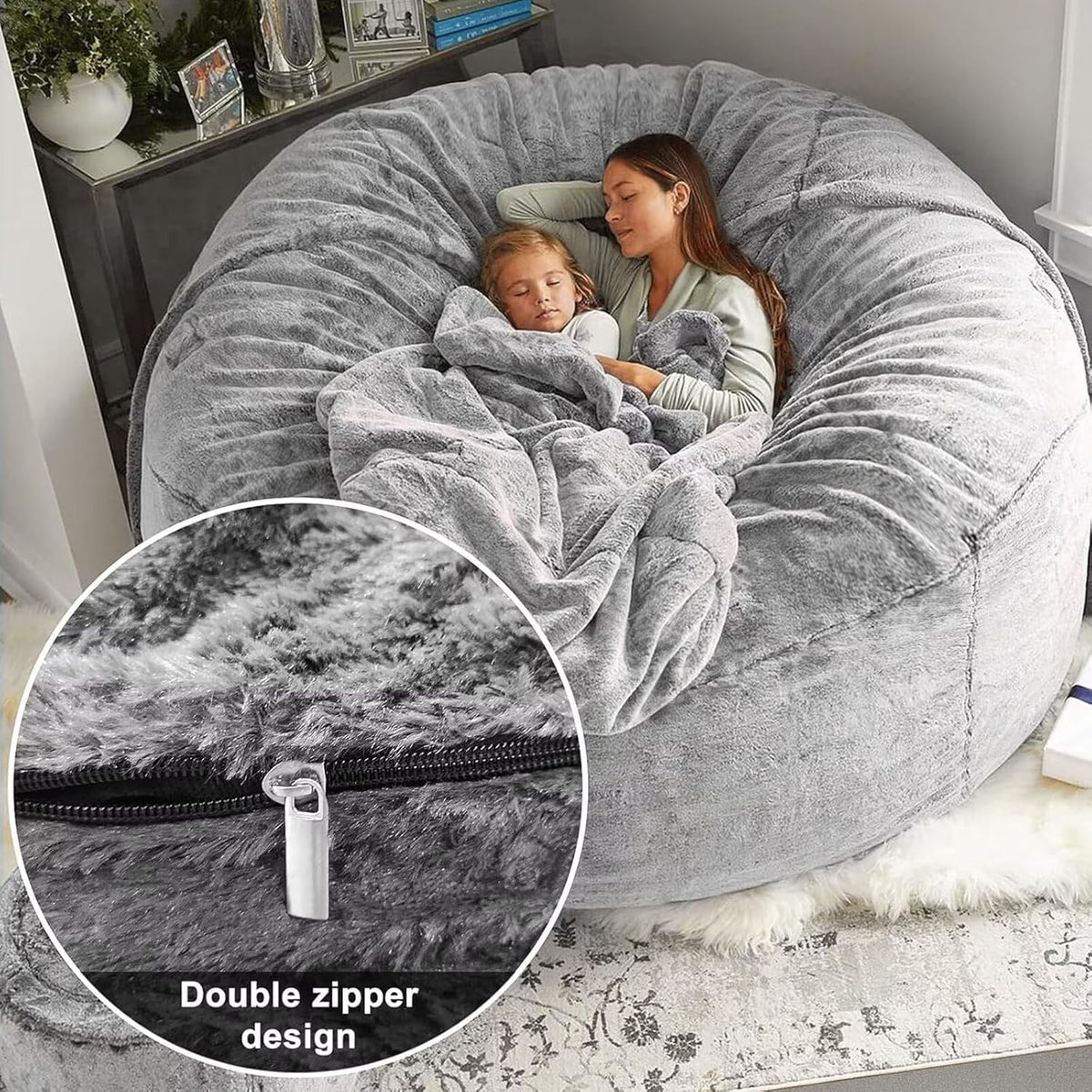 BCU 7FT Big Bean Bag for Adults Kids Without Filling Oversized Bean Bag Chair Cover for Stuffed Animal Storage, Silver Blue