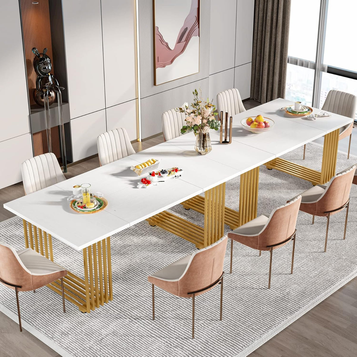 Tribesigns Modern Dining Table for 6-8 People, 70.8 Inches Long White Room Kitchen, Wood Kitchen with Gold Metal Legs, Rectangular Dinner Room, Family Gathering