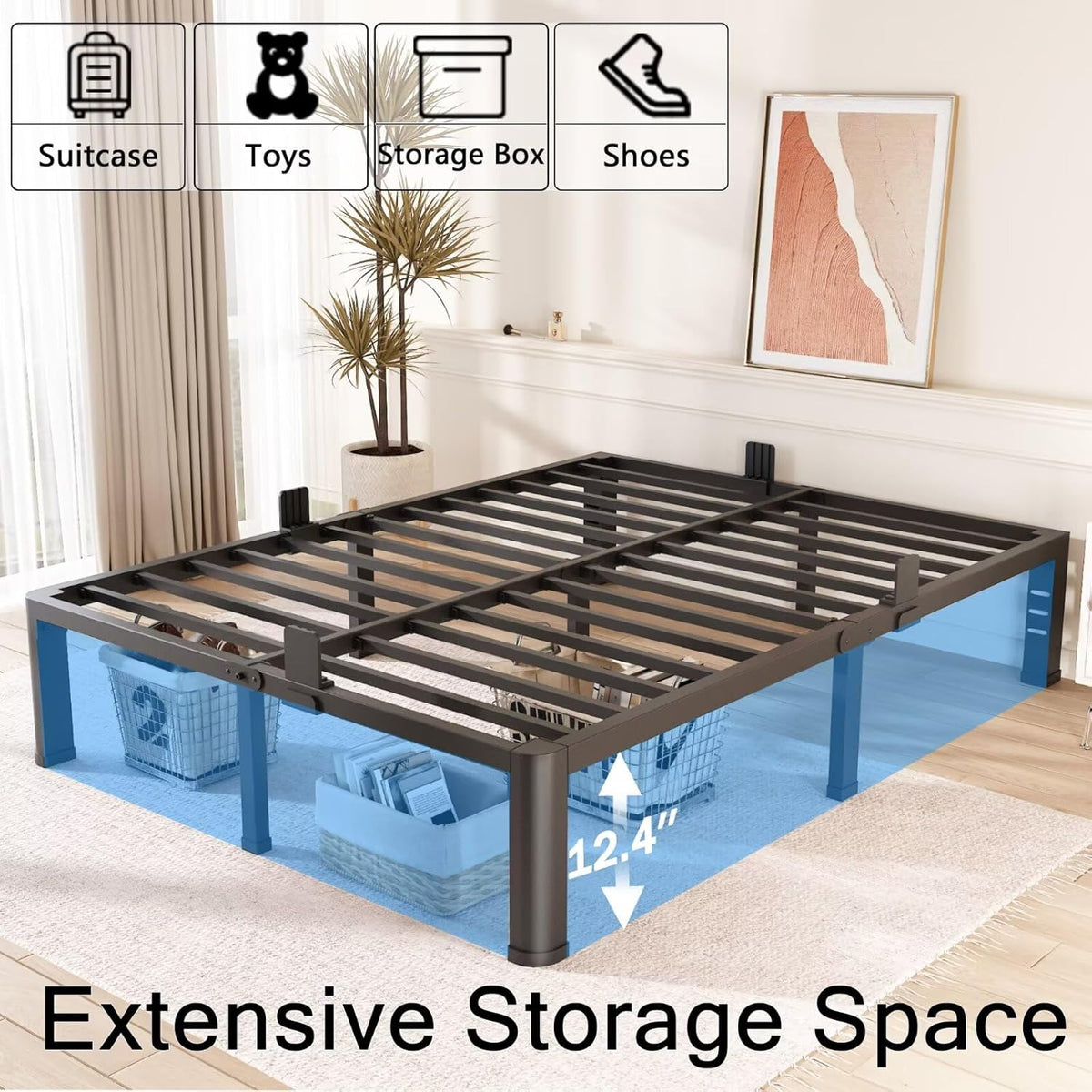 FUIOBYVV 14 Inch Queen Bed Frame with Rounded Corner and Headboard Hole Mattress Retainers 3500 LBS Metal Heavy Duty Steel Slats Support No Box Spring Needed Platform Noise Free Easy Assembly