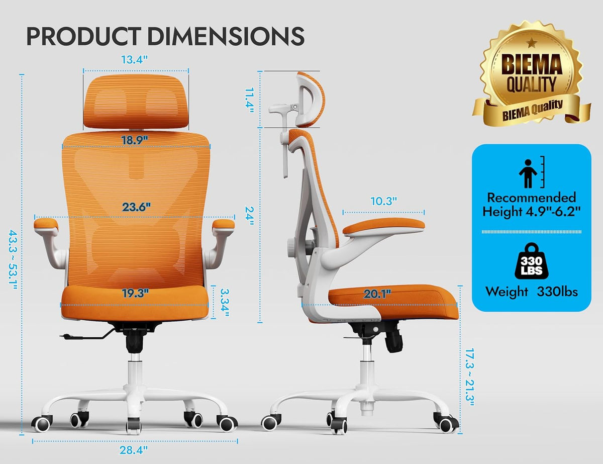 Ergonomic Office Chair - X-Shaped Computer Desk Chair Comfy, Gaming Chair, Office Chair with Lumbar Support, Mesh Office Chairs with Headrests, Desk Chair for Long Hours(White-Orange)
