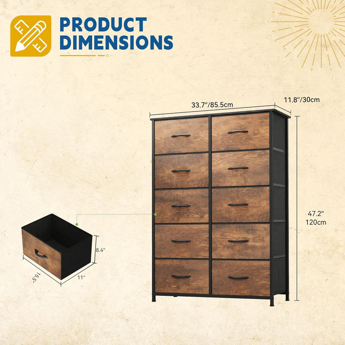 DWVO 10 Drawer Dresser - Fabric Storage Tower, Organizer Unit for Bedroom, Living Room, Hallway, Closets