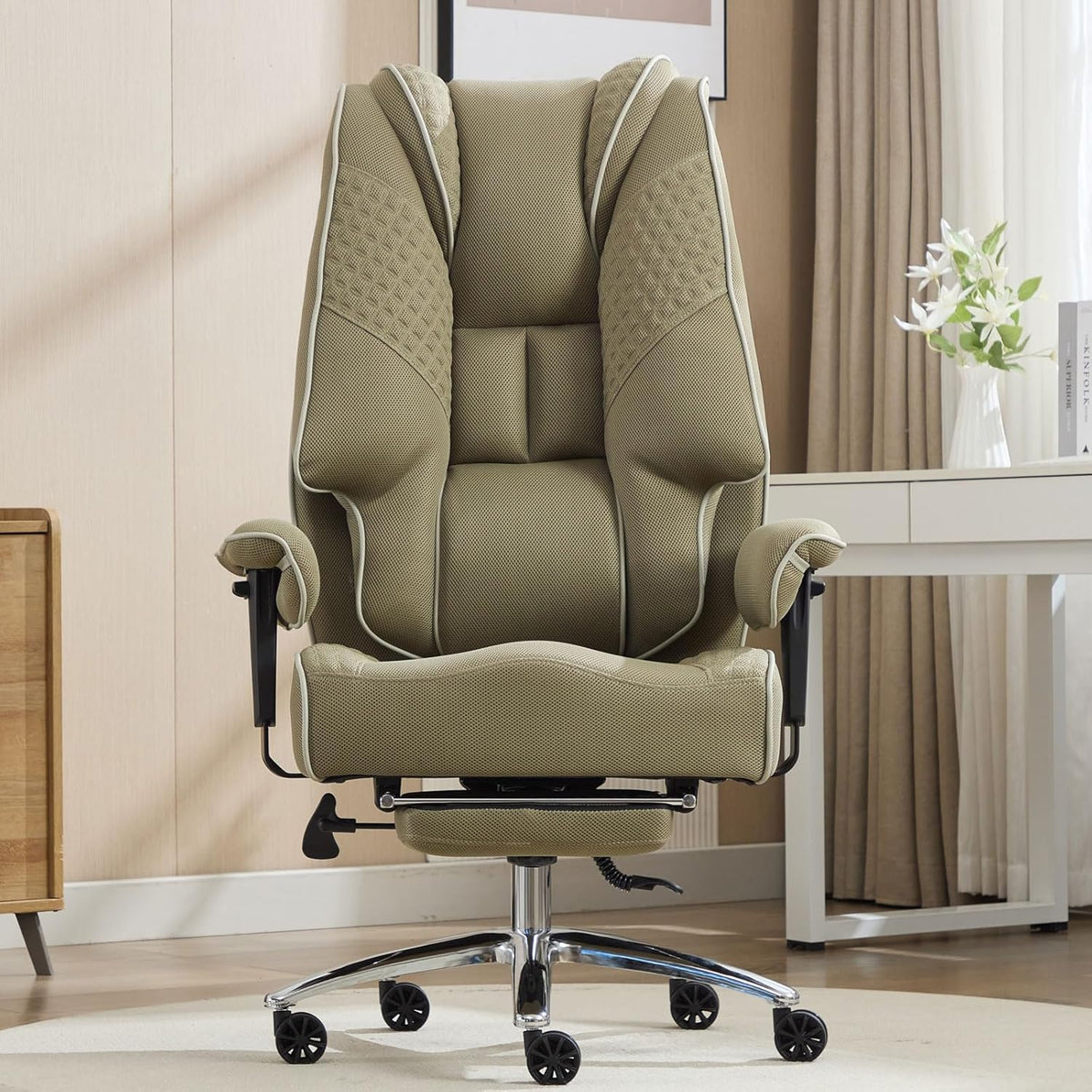 Big and Tall Office Chair 400lbs Wide Seat, Leather High Back Executive Office Chair with Foot Rest, Ergonomic Chairs Lumbar Support for Lower Back Pain Relief (Mesh Light Green)