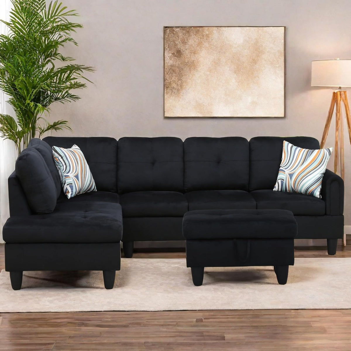 L Shaped Sectional Couches for Living Room, Modern Modular Sectional Sofa with Ottoman Storage, Comfy L Shaped Couch with Chaise for Bedroom Apartment Furniture, Black