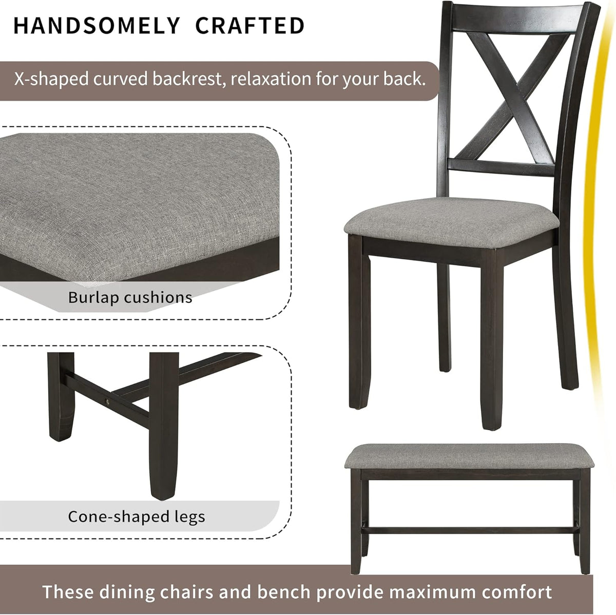 6 Pieces Dining Table Set with 60" Rectangle Kitchen Desk,Living Room Furniture W/ 4 "X-Shaped Curved Backres Fabric Chairs & 1 Bench,for Restaurant,Home Bistro,Espresso