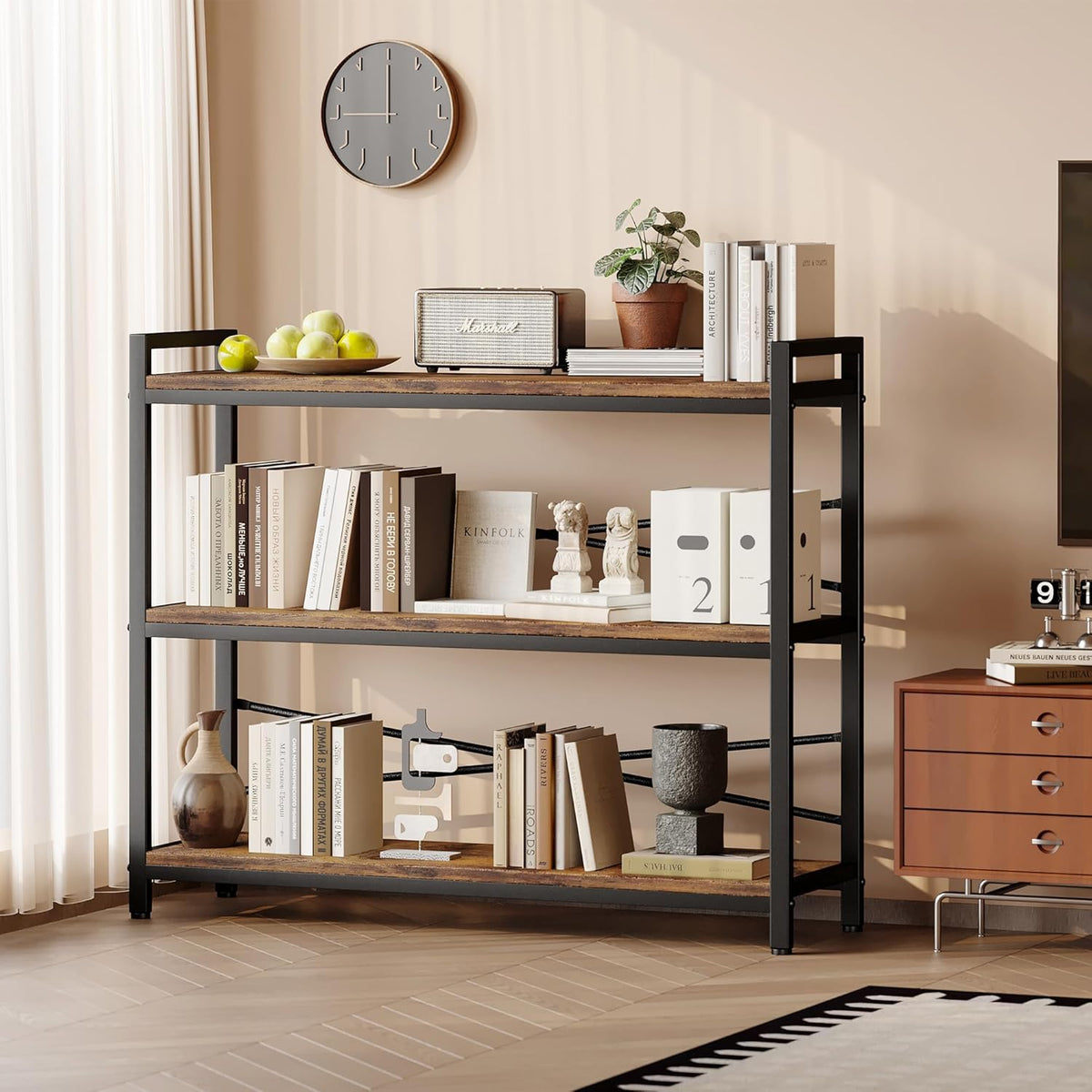 3 Tier Bookshelf 39.37" Width, Dorm Desk Hutch, Desk Shelf, Long Industrial Bookcase, Wooden Large Book Shelf for School Home Living Room Bedroom Office Storage(Vintage)