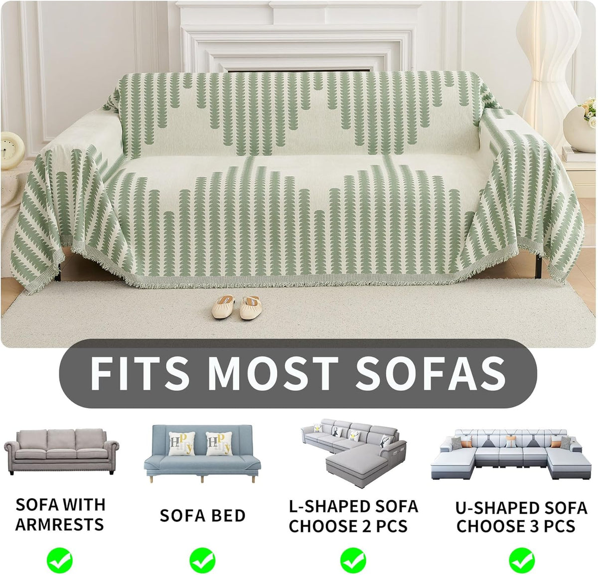 HAOMAIJIA Boho Sofa Covers Couch Covers for 2 Cushion Couch Sofa Pet Friendly Soft Thick Non Slip Couch Cover for Dogs Washable Sectional Couch Covers L Shape Furniture Protector (Green, 71"x102")