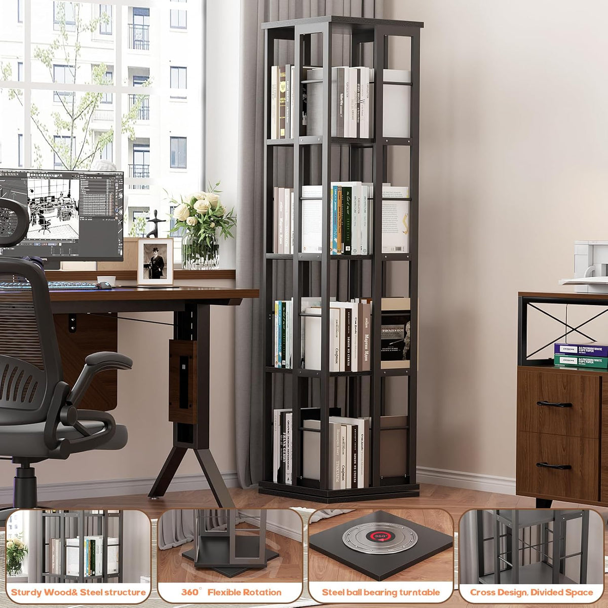 Aheaplus Rotating Bookshelf, 360 Display Wood Spinning Bookshelf, Floor Standing Bookcase Narrow Shelf Revolving Organizer Storage Rack for Small Space, Bedroom, Study Room, Black