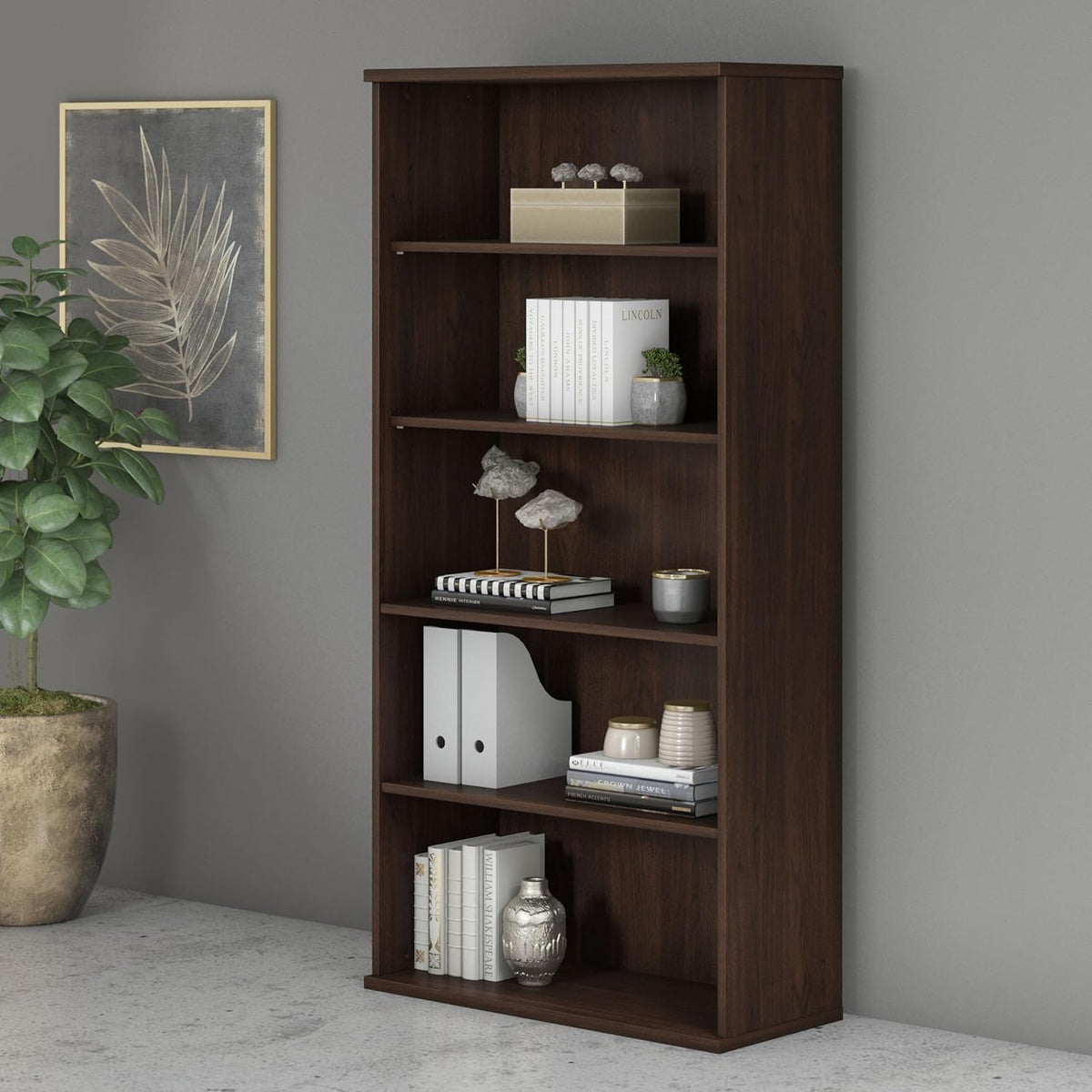 Bush Business Furniture Studio C Tall 5 Shelf Bookcase in Black Walnut, Large Bookshelf for Home or Professional Workplace Organization