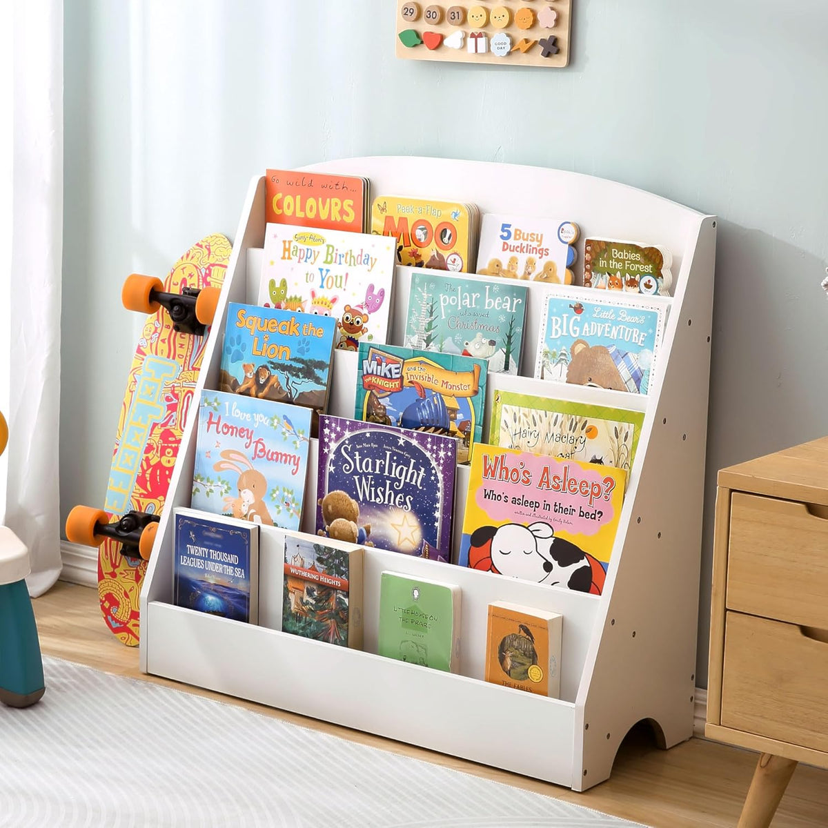 TOETOL 5-Tier Kids Bookshelf - Toddler Book Display Shelves for Classrooms, Playrooms, and Nursery - Wooden Children Book Rack (White)