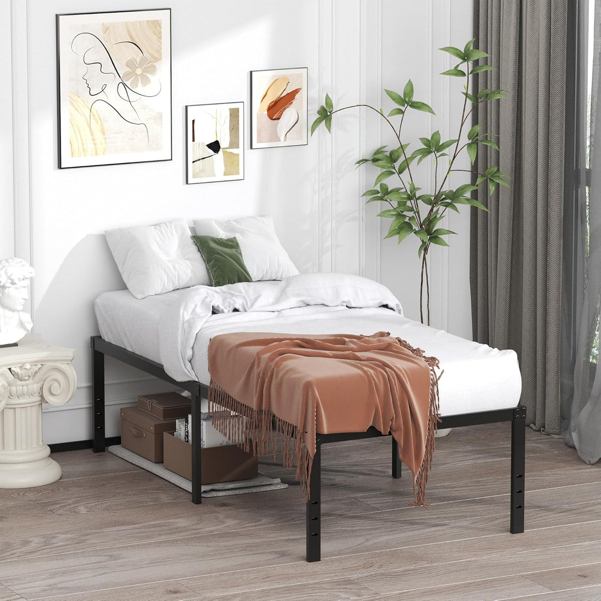 EMODA 20 Inch Twin Bed Frame No Box Spring Needed, Heavy Duty Tall Metal Twin Platform Bed Frames with Large Storage Space, Noise Free, Easy Assembly, Black