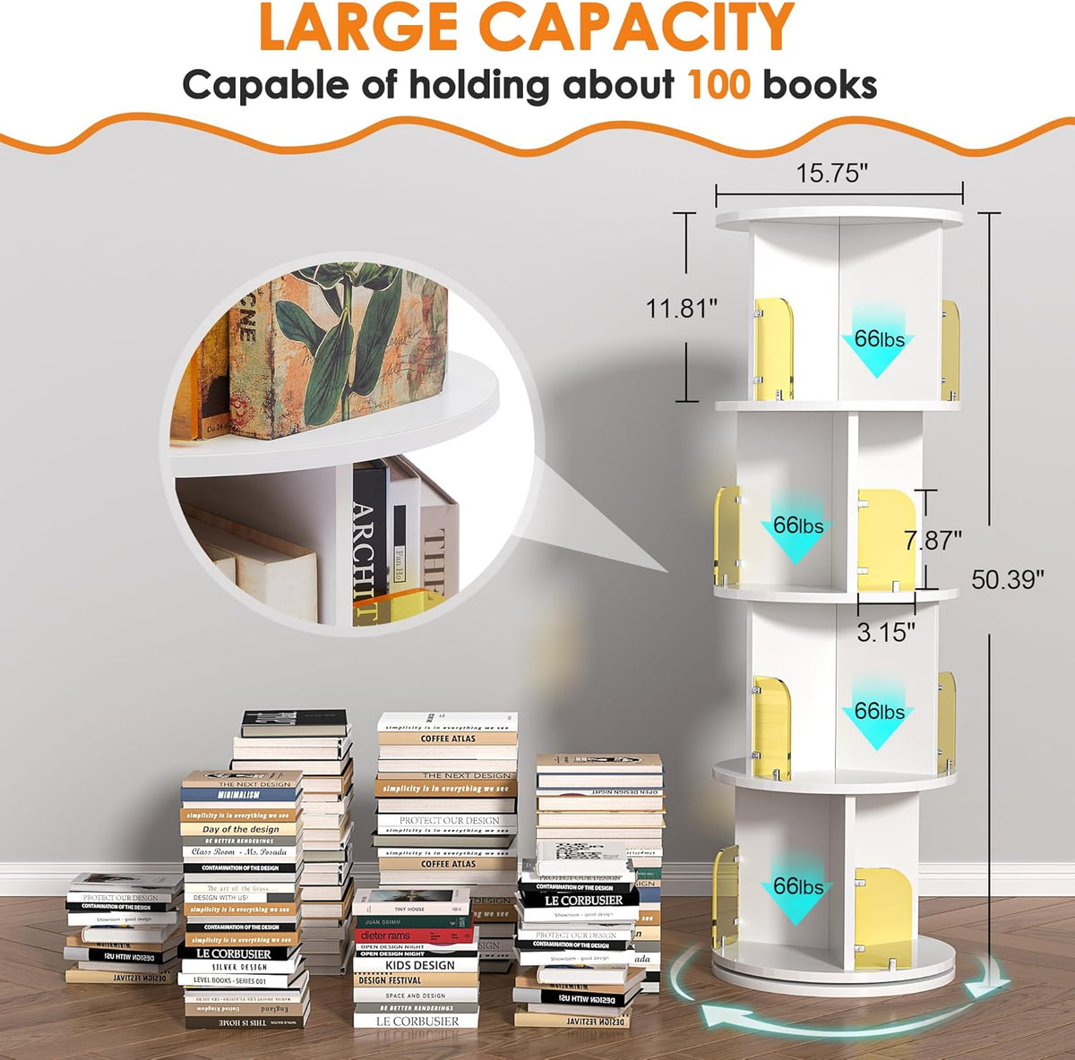 VECELO 4-Tier Rotating Bookshelf, Small Corner Bookshelf for Small Space, 360 Display Floor Standing Bookcase Storage Rack, Wood Narrow Book Shelf Organizer for Bedroom, Living Room, White