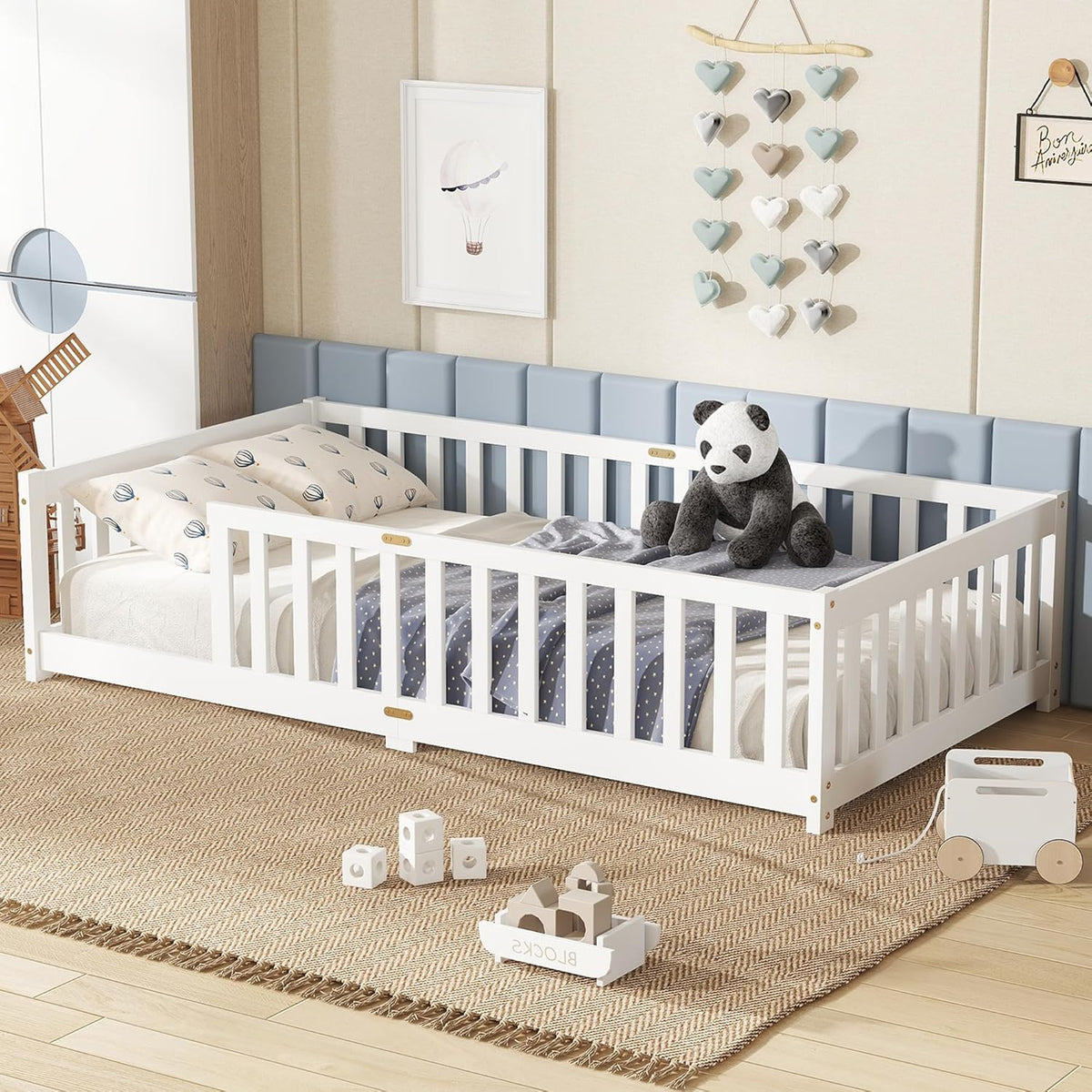 Bellemave Twin Floor Bed with Slats and Safety Guardrails, Kids Montessori Floor Beds with Fence and Without Door, Easy Assemble Floor Bed for Kids, Girls, Boys, White