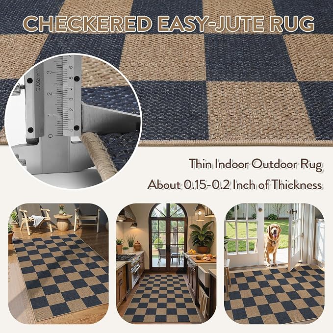 Lahome Colette Checkered Easy Jute Indoor Outdoor Carpet, 3x5 Washable Rugs