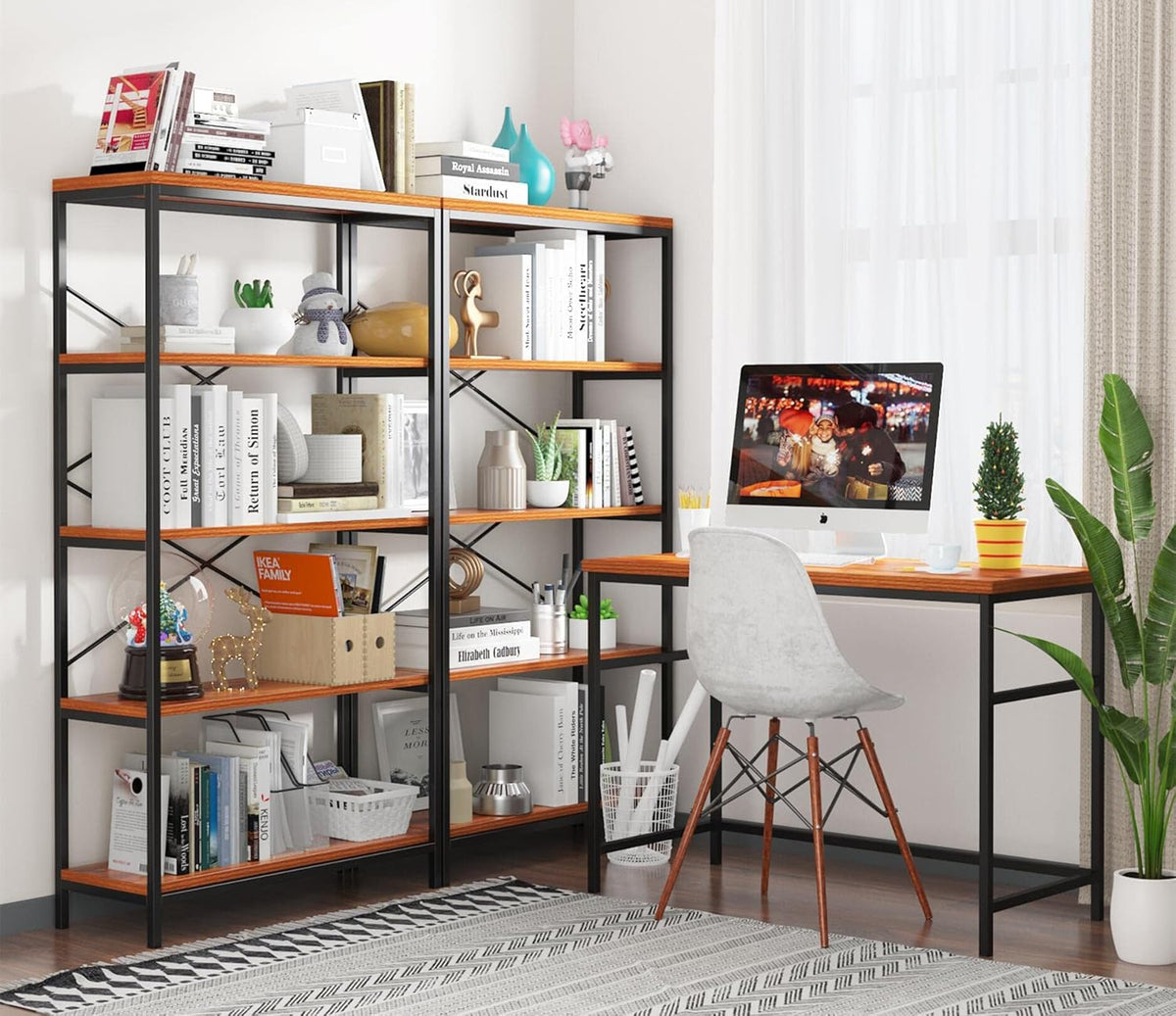 Himimi Industrial Bookshelf 5-Tier, Bookcase 58" H Ladder Shelf, Storage Shelves Rack Shelf Unit, Accent Furniture Metal Frame, Home Office Furniture for Bathroom, Living Room, Vintage Brown
