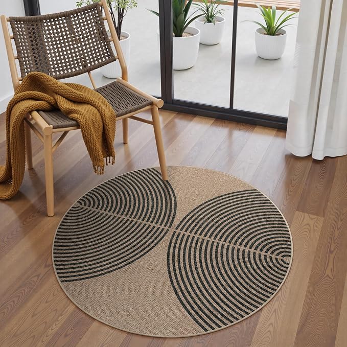 Lahome Enfys Modern Rainbow Round Rug, 3ft Small Washable Circle Carpet Natural