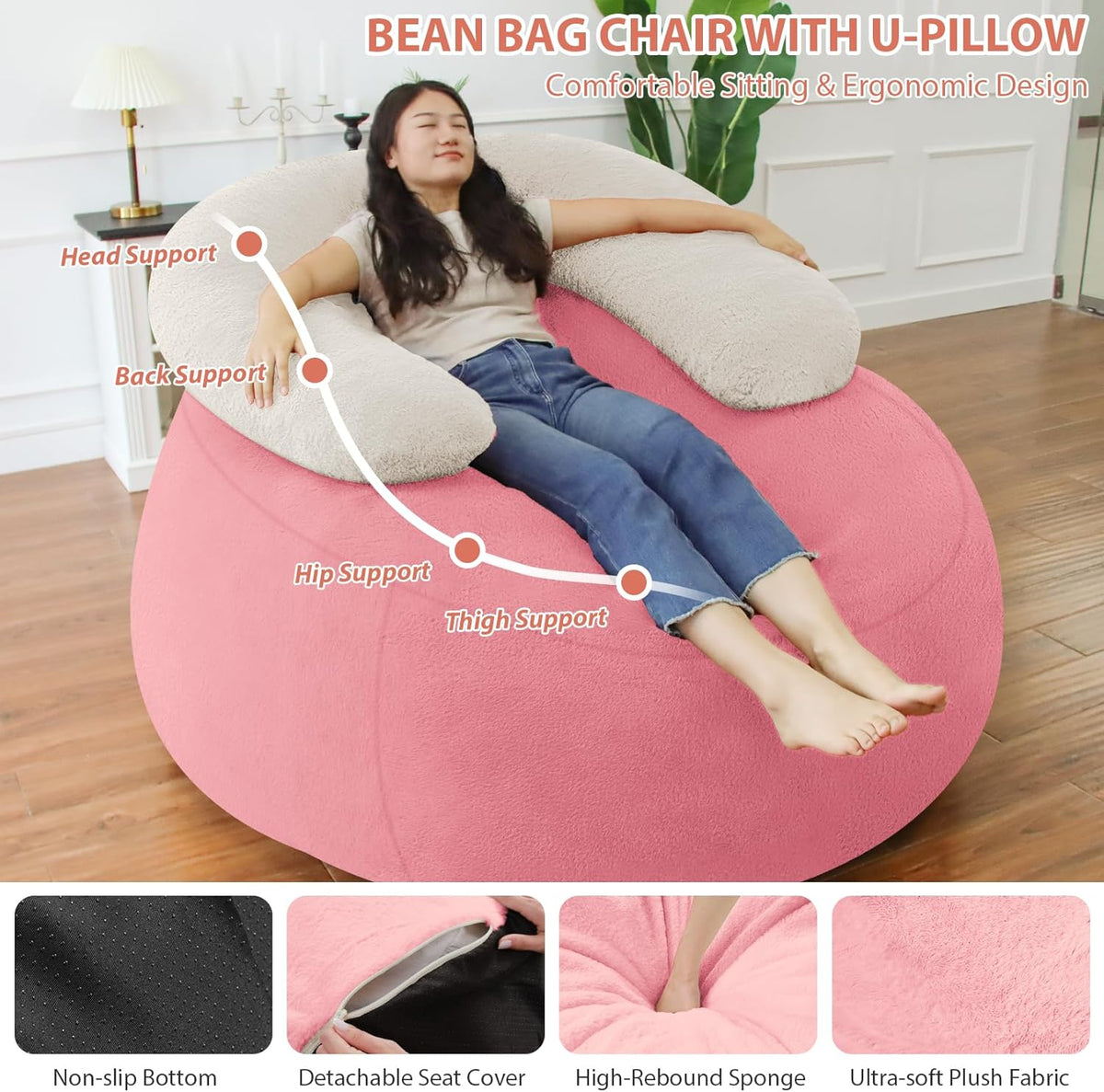 HABUTWAY Bean Bag Chair with U-Shaped Pillow for Adult and Kids Big BeanBag Chair with Filling Ultra Soft Teddy Fleece Couch Chair with Washable Cover for Living Room Bedroom Office, Beige-Light Pink