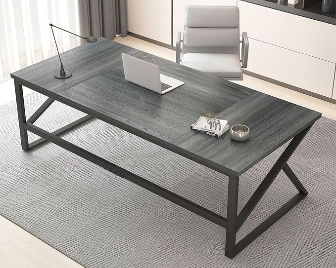 HSH Extra Long Computer Desk, Industrial Metal Wood Home Office Desk, Large PC Laptop Table for 2 Person Executive Writing Work Study Gaming, Bedroom Living Room Dual Monitor Desk, Dark Gray, 70 Inch