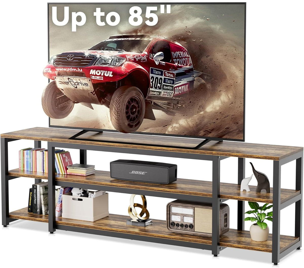Aquzee 85 inch TV Stand, Entertainment Center for 70 75 80 85" TV, 75.2" Wide Wood Television Console Table for Living Room Bedroom Gaming Room, Rustic Brown