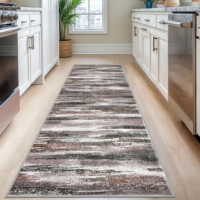 Lansny Modern Abstract Runner Rug 2.6x8, Dark Light Brown White Washable
