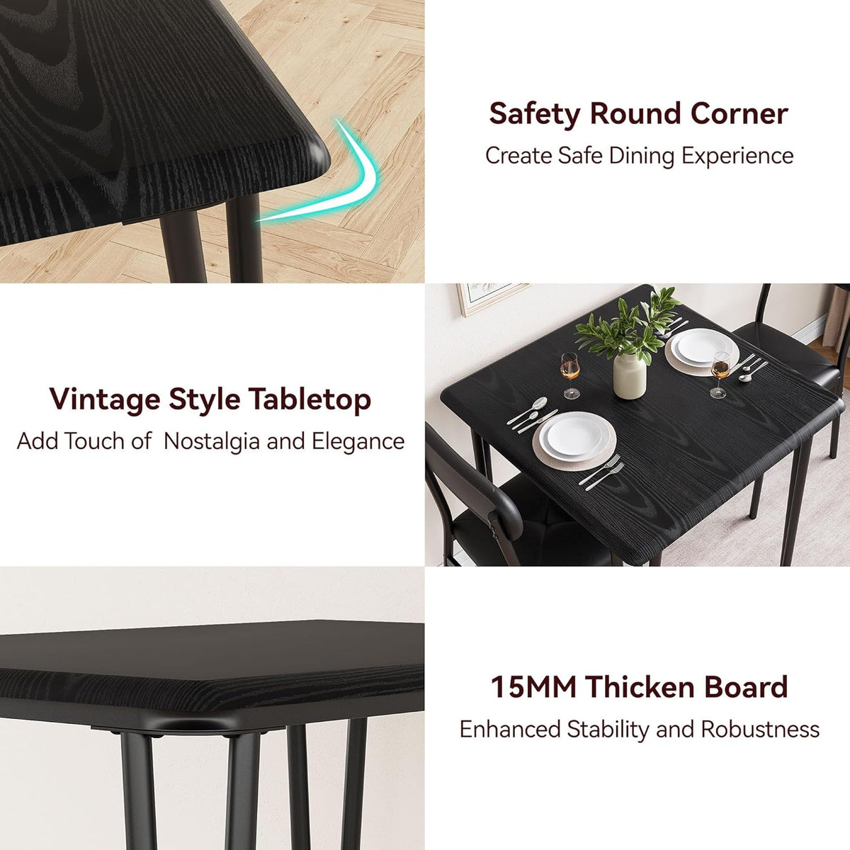 IDEALHOUSE Dining Table Set for 4, Kitchen Table with Upholstered Chairs for Kitchen Room and Small Spaces (Black, Table with 2 Upholstered Chairs)