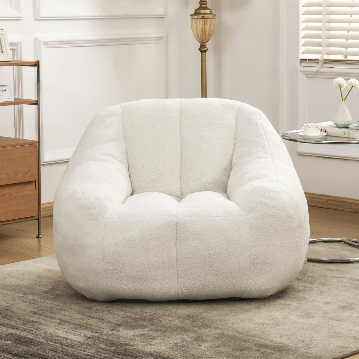 Furniliving Bean Bag Chair, Oversized Bean Bag Couch for Adults Comfy Bean Bag Sofa with Back Support, Large Bean Bag Chair Lazy Sofa for Living Room Bedroom, White, Teddy