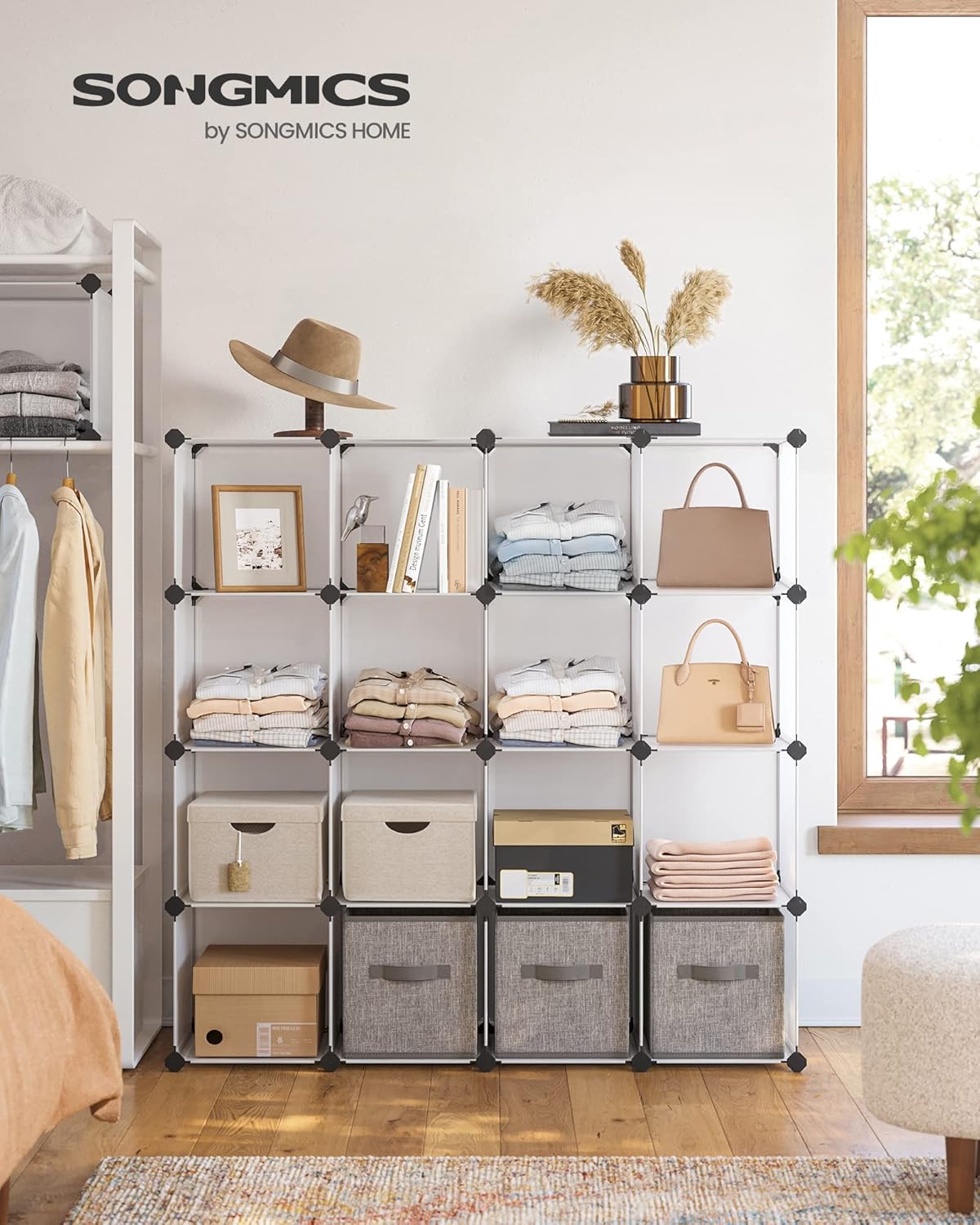 SONGMICS Cube Storage Organizer, Set of 16 Plastic Cubes, Book Shelf, Closet Organizers and Storage, Room Organization, Bedroom Living Room, 12.2 x 48.4 x 48.4 Inches, White ULPC44L