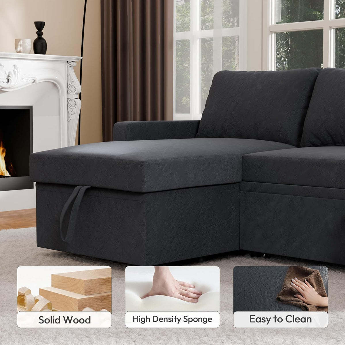 Sleeper Sofa Bed, Modular Sectional Couch with Pull Out Bed, L Shaped Sectional Convertible SofaBed with Storage Seat, for Living Room Apartment Bedroom Office Black Velvet