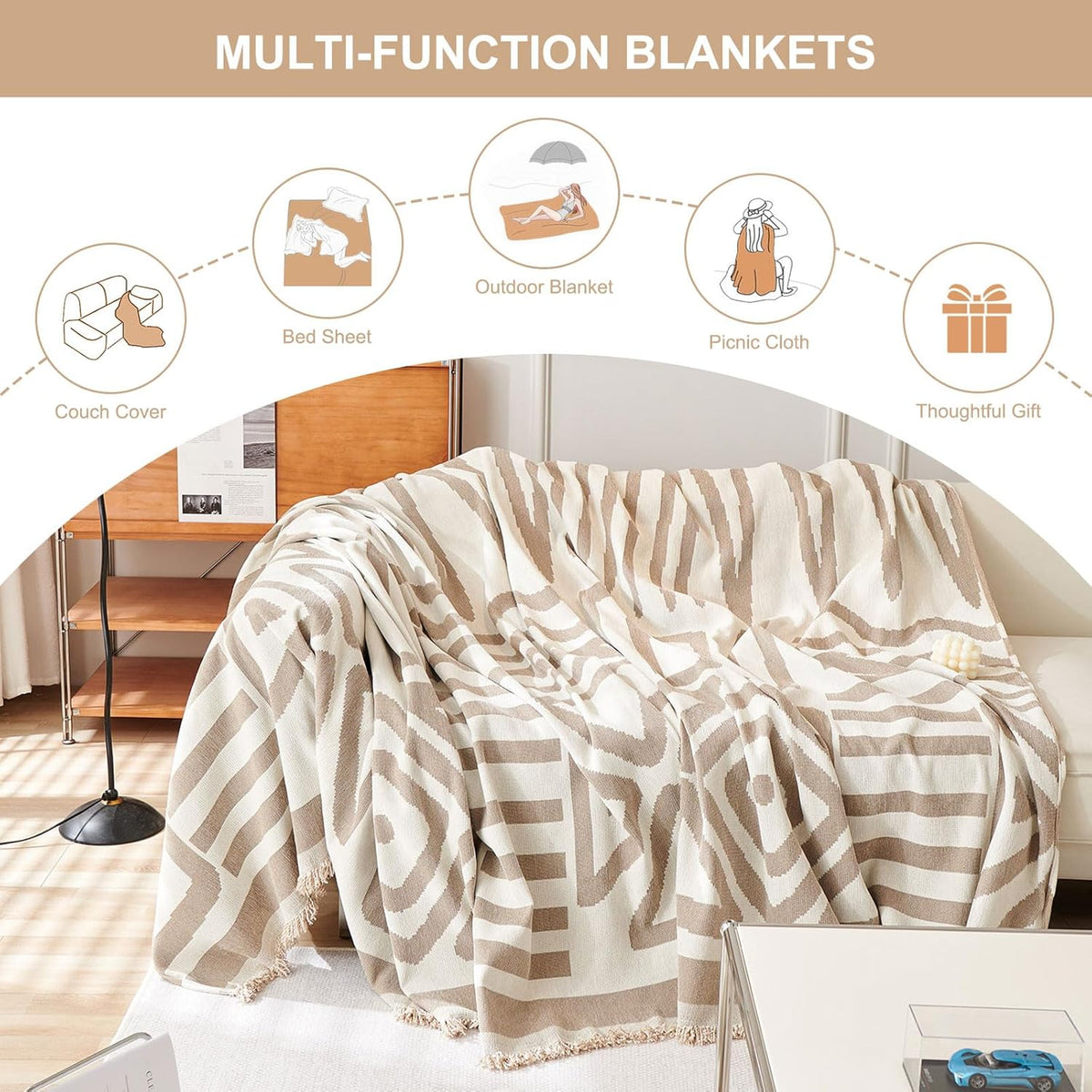 STACYPIK Boho Khaki White Cream Sofa Cover for Sofas Chenille Triangle Couch Cover Reversible Furniture Covers for 3-4 Cushion Couch L Shaped Couch Cover for Dogs Cats Non-Silp Loveseat Cover-91X150IN