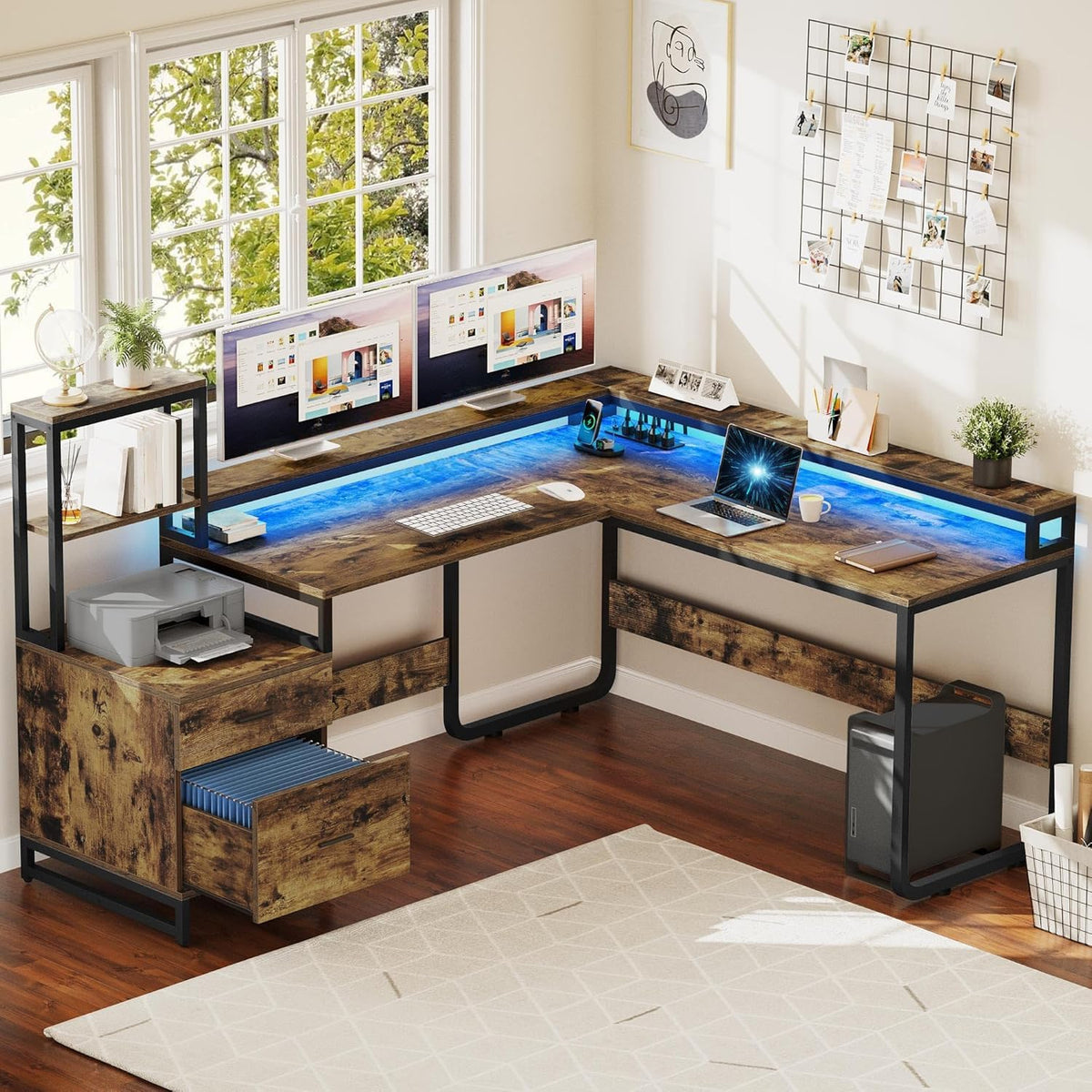 DWVO L Shaped Desk with Drawers, Reversible Computer Desk with Power Outlets, Corner Office Desk with Storage Shelves & LED Lights & Printer Stand, Rustic Brown