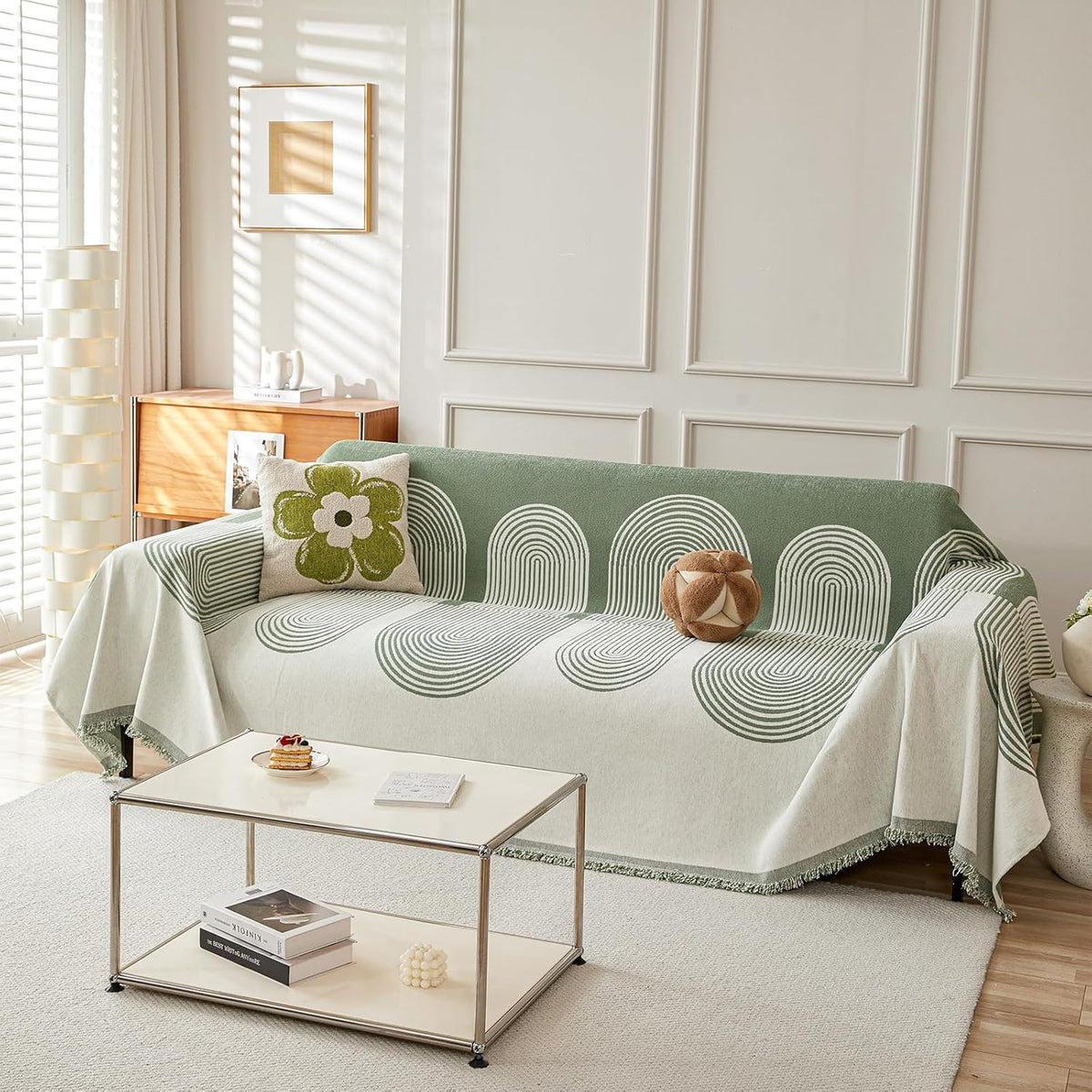 STACYPIK Green Geometric Couch Cover Boho Sofa Cover for Sectional Non-Silp Sofa Covers for Dogs Reversible Beige Couch Cover Loveseat Cover L Shaped Furniture Protector for 3 Cushion Couch-71X150IN