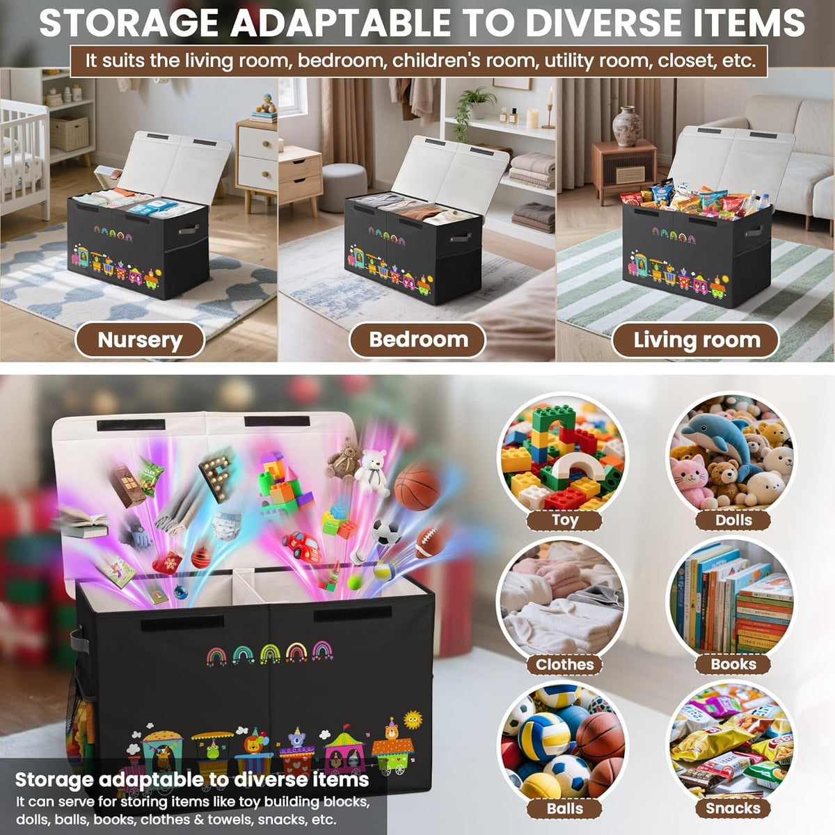 80L Large Toy Storage Box with Lid, Large Toy Box Chest Kids, Girls and Boys, Nursery Room and Living Room, 26"x13" x16" (black-train)