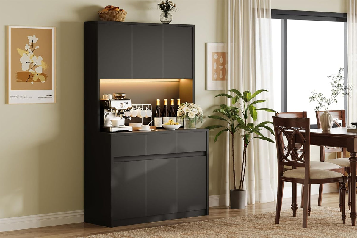 Garvee Kitchen Pantry Storage Cabinet, Tall Storage Cabinet with Doors and Shelves, Kitchen Storage Hutch with Microwave Stand, Led Lights and Charging Station,Corner Pantry Cabinet,Black