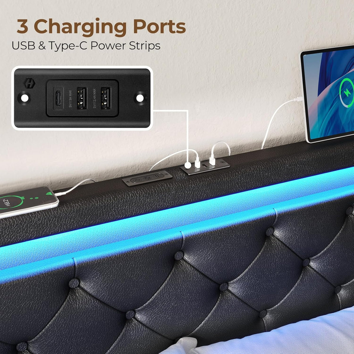 Rolanstar Full Size Bed Frame with 4 Storage Drawers and Charging Station, Full Bed with Led Lights, 2 USB & 1 Type C, Adjustable Headboard 38.9/40.8 Inches, No Box Spring Needed, Black