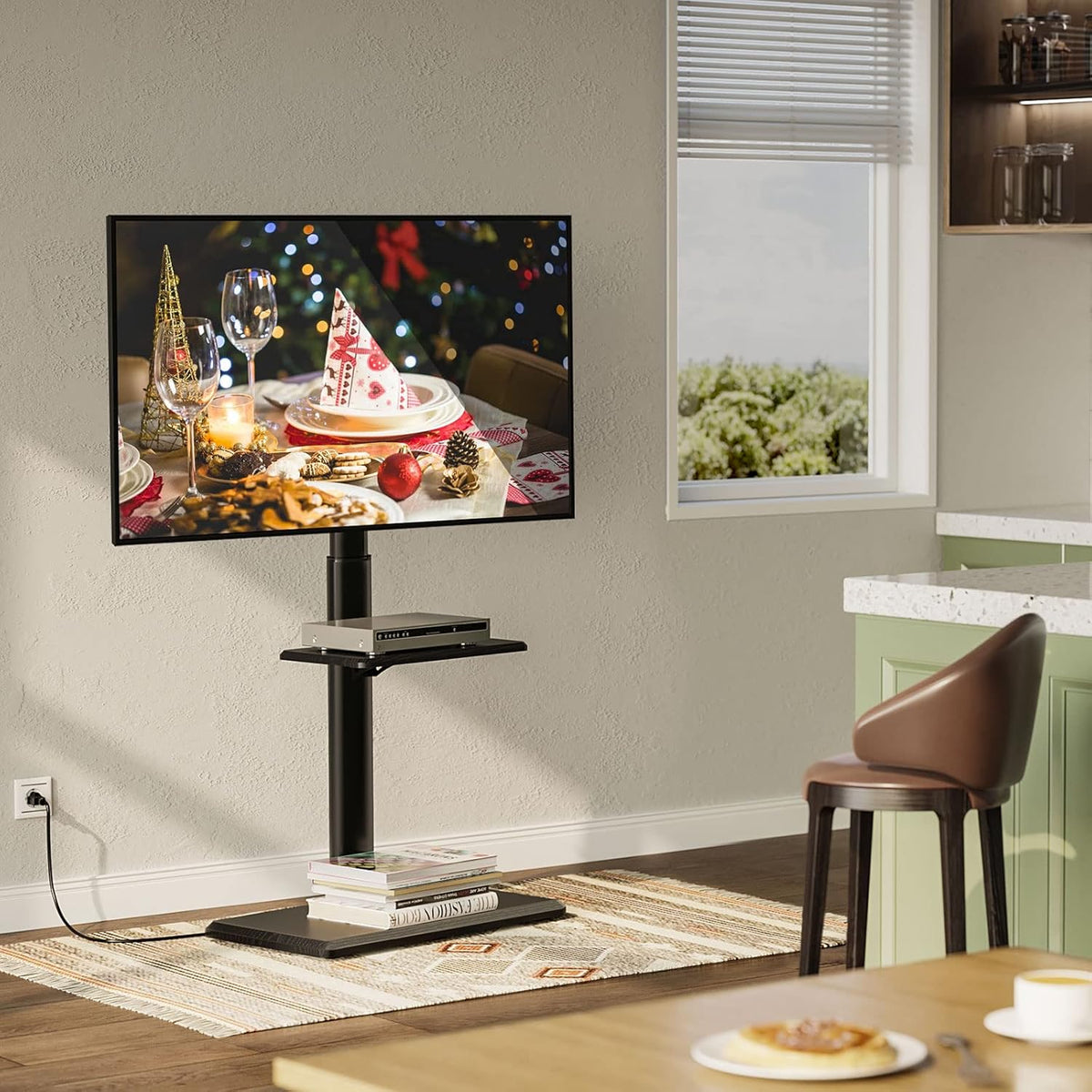 Greenstell TV Stand with Power Outlet & AV Shelf, Universal Floor TV Stand for 32-75 inch TV, Swivel Tall TV Mount Stand, Holds up to 110 LBs,Height Adjustable and Wood Base, Max VESA 600x400mm,Black