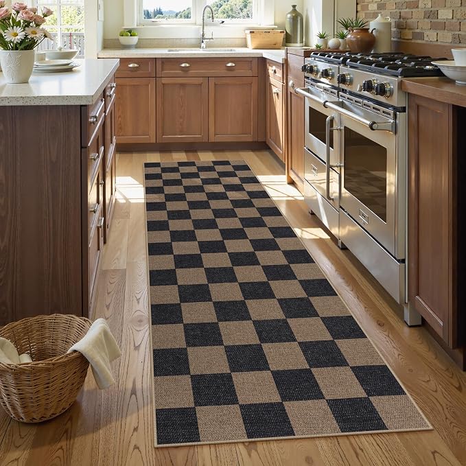 Lahome Colette Checkered Easy Jute 2x8 Runner Rug, Washable Kitchen Runner Rug