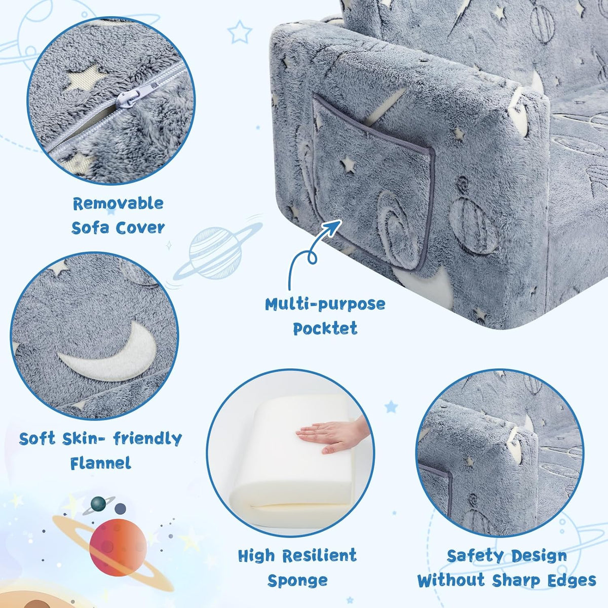Toddler Chair Comfy,2-in-1 Soft Toddler Couch Fold Out for Kids,Convertible Sofa to Lounger,Gift for Girls and Boys Birthday,Space,Large