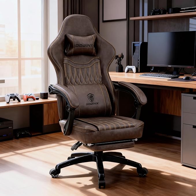 Dowinx Gaming Chair Breathable PU Leather Gamer Chair with Footrest Massage Lumbar Support, Big and Tall Ergonomic Reclining Computer Chair with Pocket Spring Cushion for Adults Teens (Brown)
