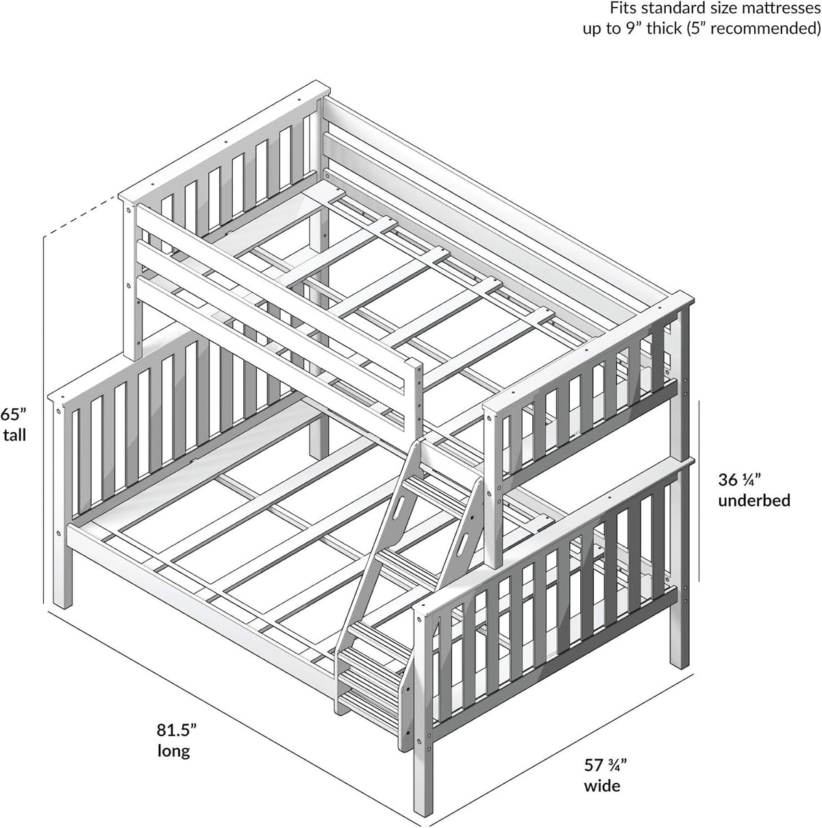 Max & Lily Bunk Bed Twin Over Full Size with Ladder, Solid Wood Platform Bed Frame with Ladder for Kids, 14" Safety Guardrails, Easy Assembly, No Box Spring Needed, Natural