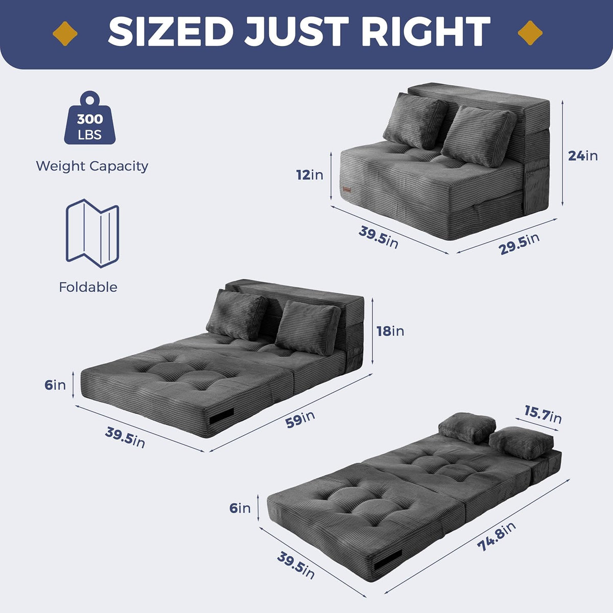 MAXYOYO Convertible Sofa Bed, Fold Out Loveseat Sleeper Sofa with Pillow, 4 in 1 Tufted Folding Couch Bed Foam Floor Couch, Lazy Chair for Living Room Bedroom Guest Room, Dark Grey