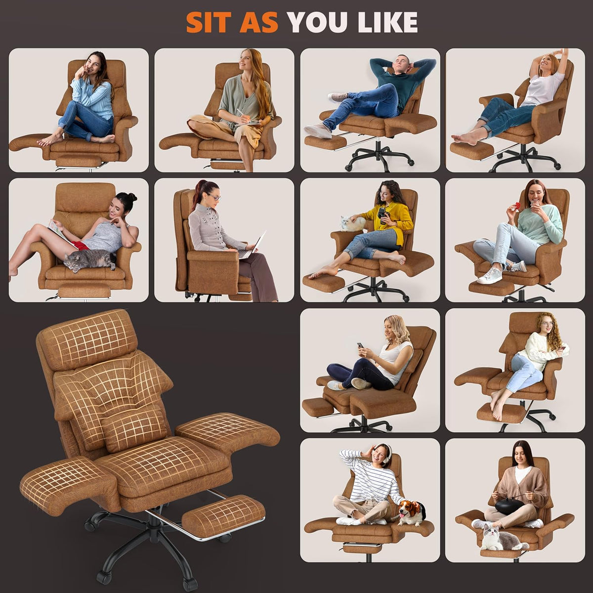 ELABEST C39 Cross Legged Office Chair with Footrest & Convertible Armrests - Pet-Friendly XL Home Desk Chair, Ergonomic Recliner with Lumbar Pillow, Criss Cross Design, Big and Tall Executive Chair