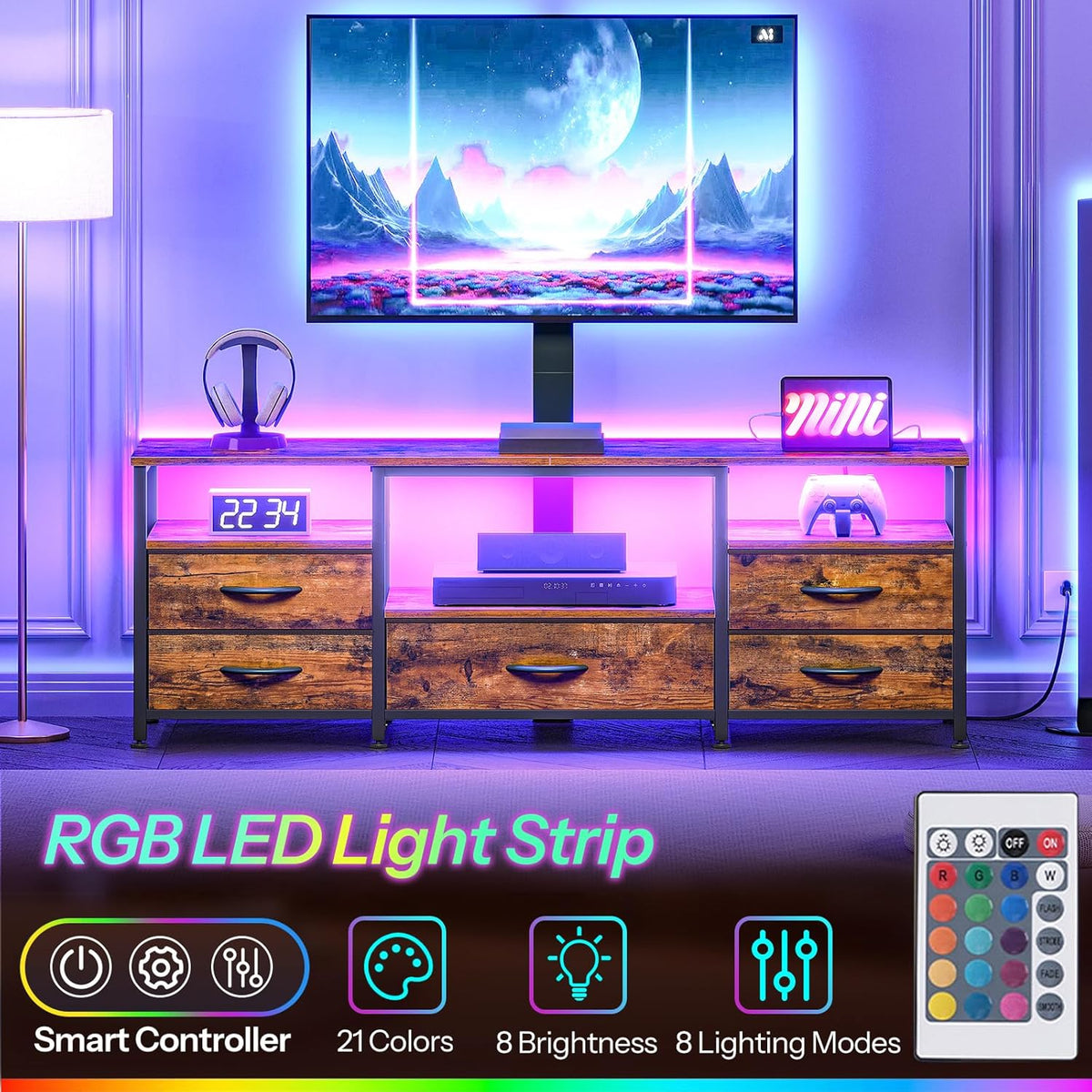 HOOBRO TV Stand with Mount and Power Outlet, for 32/45/55/60/65 inch TVs, Swivel Led Entertainment Center with Drawers, Adjustable Media Console for Living Room, Bedroom, Rustic Brown BF130UDDS01