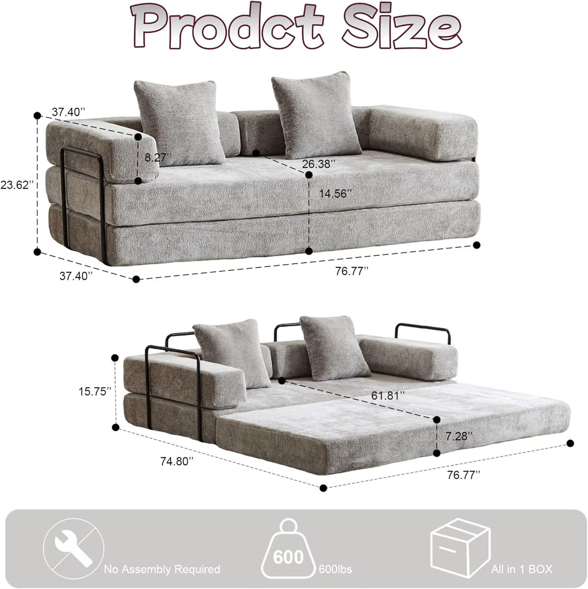 Convertible Sofa Bed, Compression Futon Sofa with Pillows & Armrest, Foldable Mattress Couch with Fixed-Shape Frame, Comfy Couch Lounge Sleeper Bed for Living Room Bedroom, Light Gray