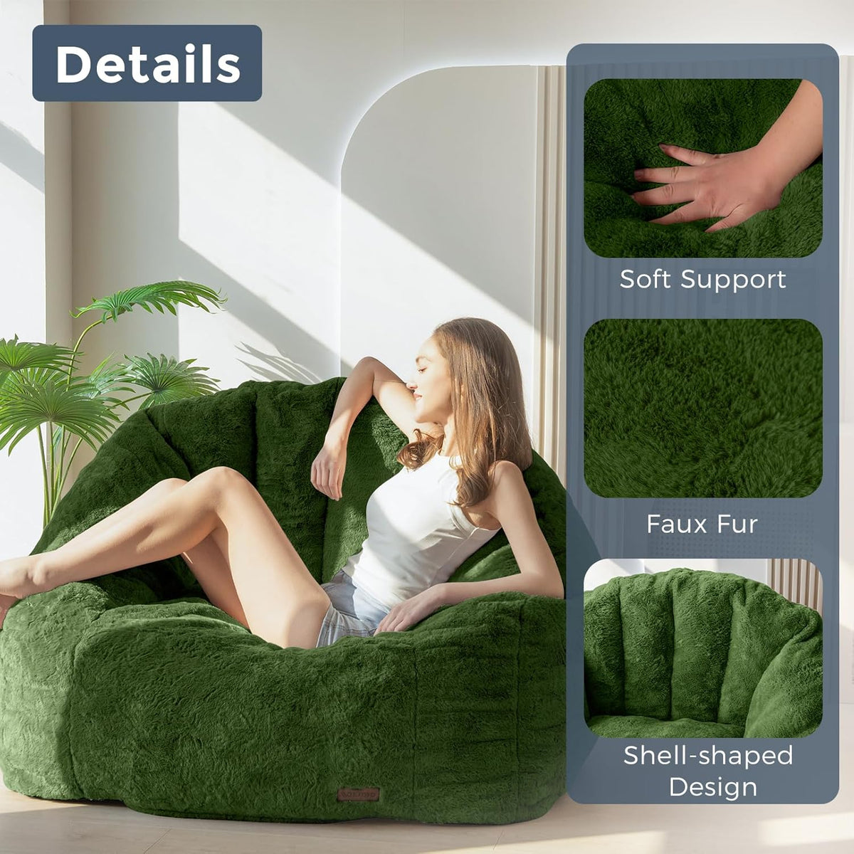MAXYOYO Giant Bean Bag Chair, Oversized Bean Bag Couch for Adults and Kids, Faux Fur Shell-Shaped Large Chair with Filler, Stuffed Big Accent Sofa Floor Sofa for Gaming, Reading, Green