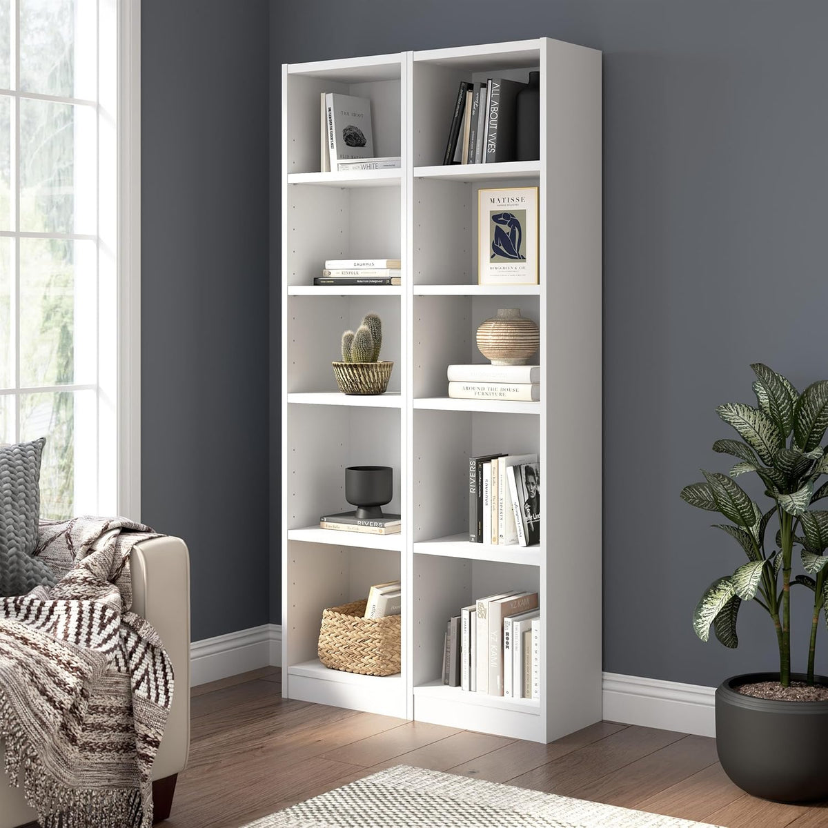 Bush Furniture Universal 17W Narrow 5 Shelf Bookcase in White - Set of 2, Matching Skinny Bookshelves for Home Office or Living Room Storage