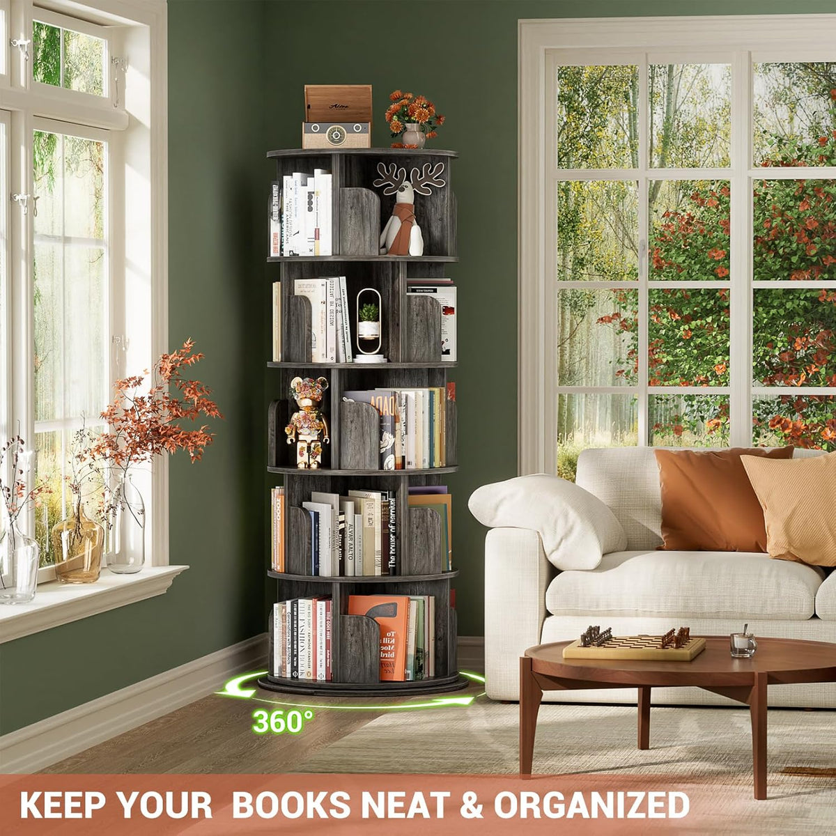 Rotating Bookshelf Tower, 5 Tier Spinning Bookcase, Revolving 360 Book Shelf Narrow Tall Bookcase, Vertical Turning Round Bookshelf Organizer, Wood Corner Book shelf for Small Space, Black Oak