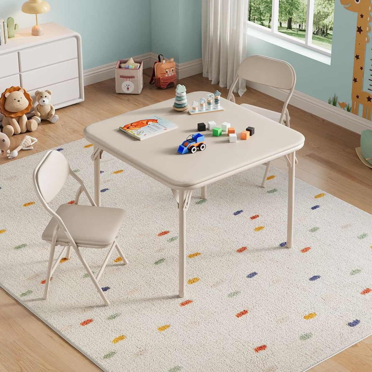 IDEALHOUSE 3 Piece Folding Kids Table and Chairs Set, Children Activity Table and Chairs Set for Dining Room,Daycare,Classrooms