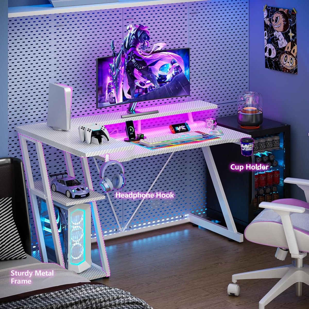 47 Inch White Gaming Desk with Power Outlet & LED Lights, Corner Computer Desk with 3 Tiers Storage Shelves, L Shaped Gaming Desk with Monitor Stand for Bedroom